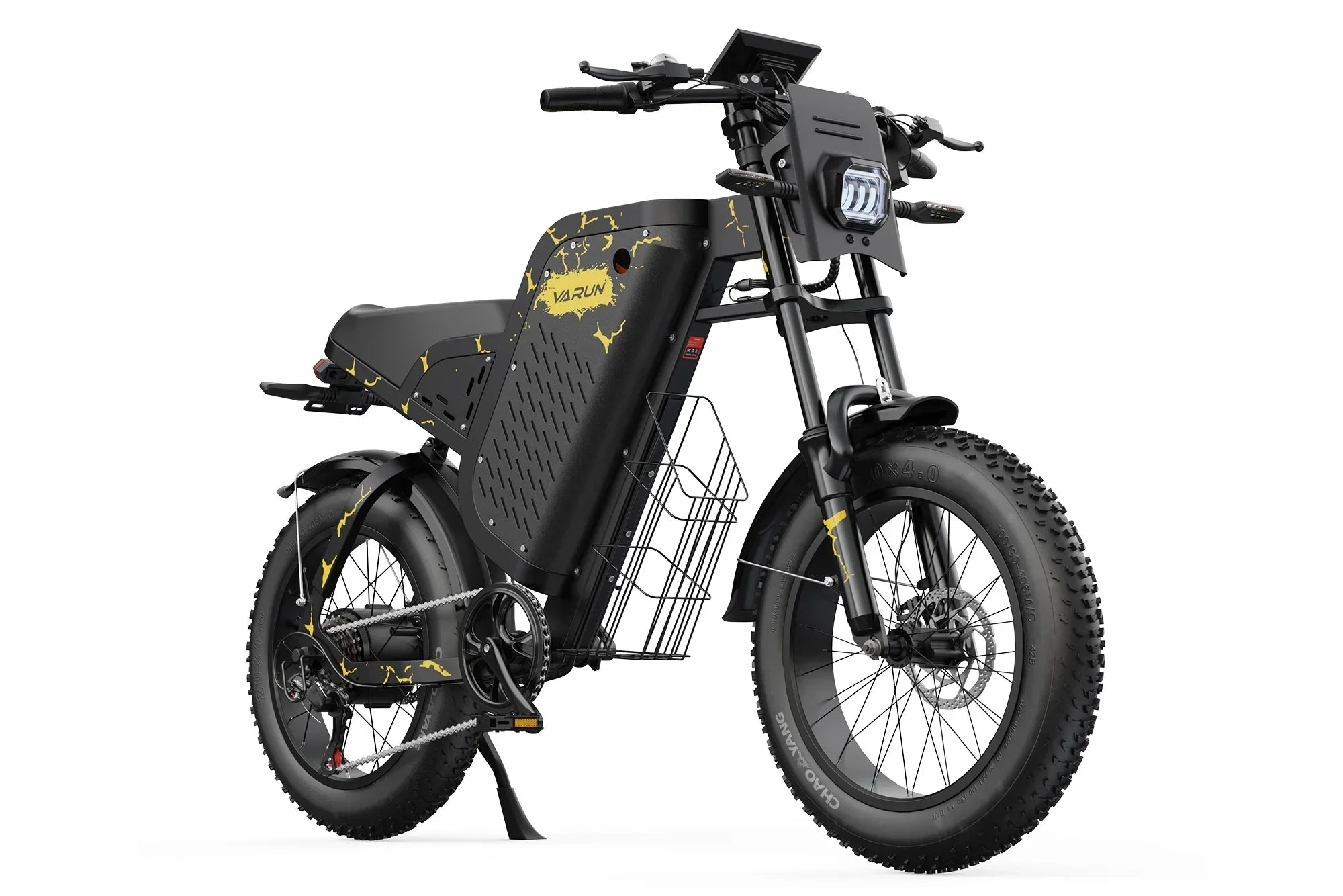 Yellow and black Varun electric motorcycle with fat tires and front basket on white background