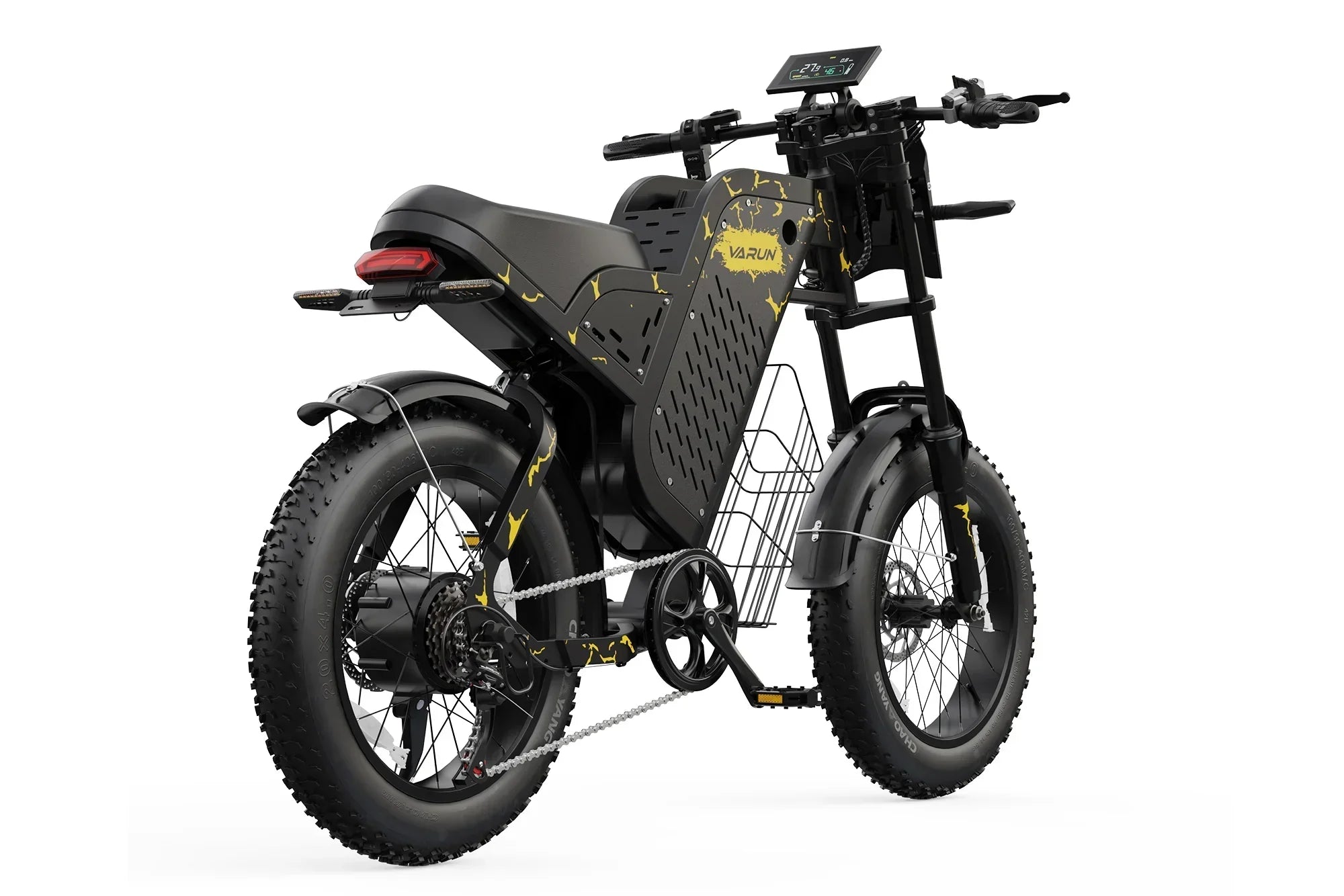 Black and yellow Varun Raptor electric motorcycle bike with fat tires, digital display, and rear carrier basket