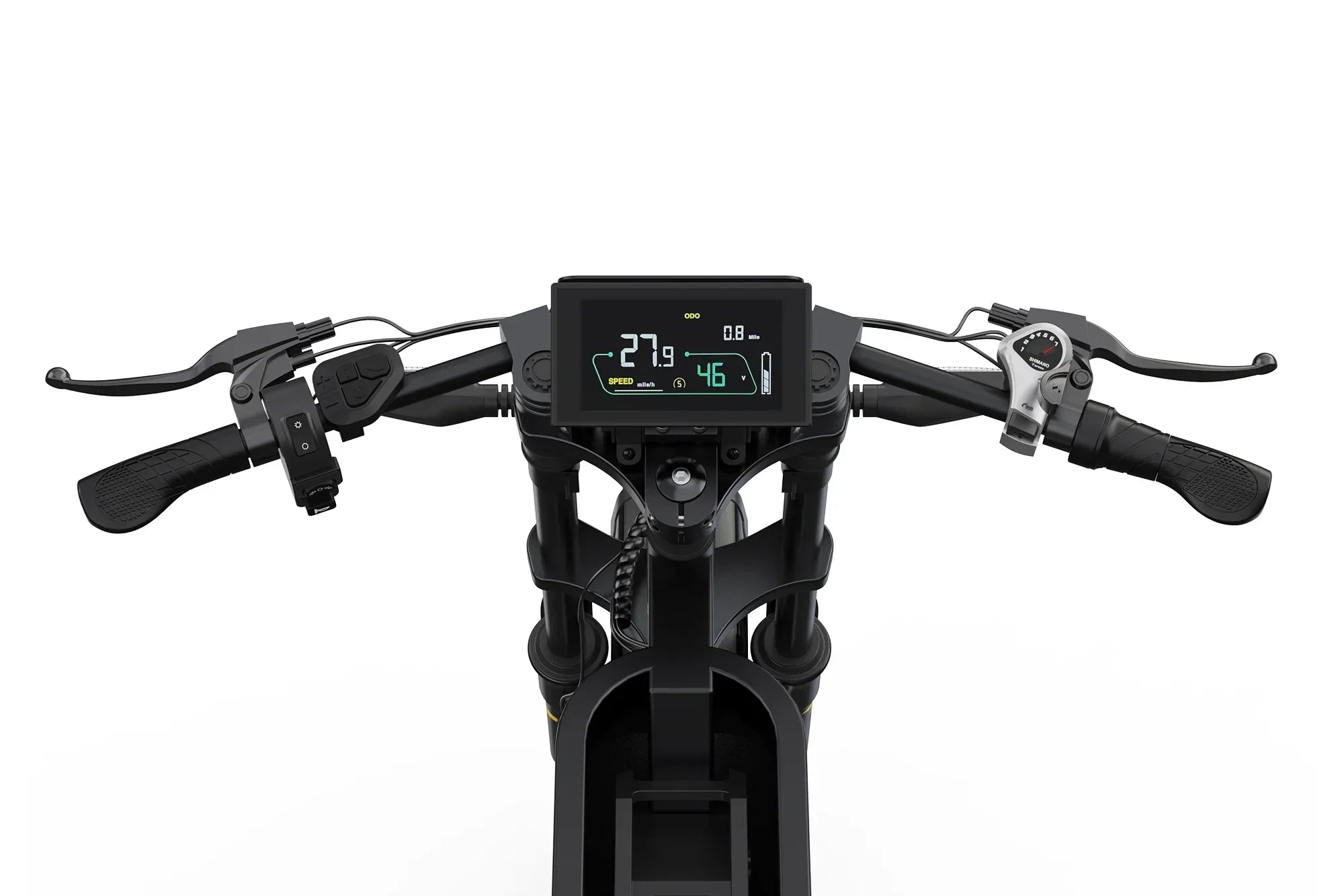 Close-up view of electric motorcycle handlebars with digital speedometer and control buttons
