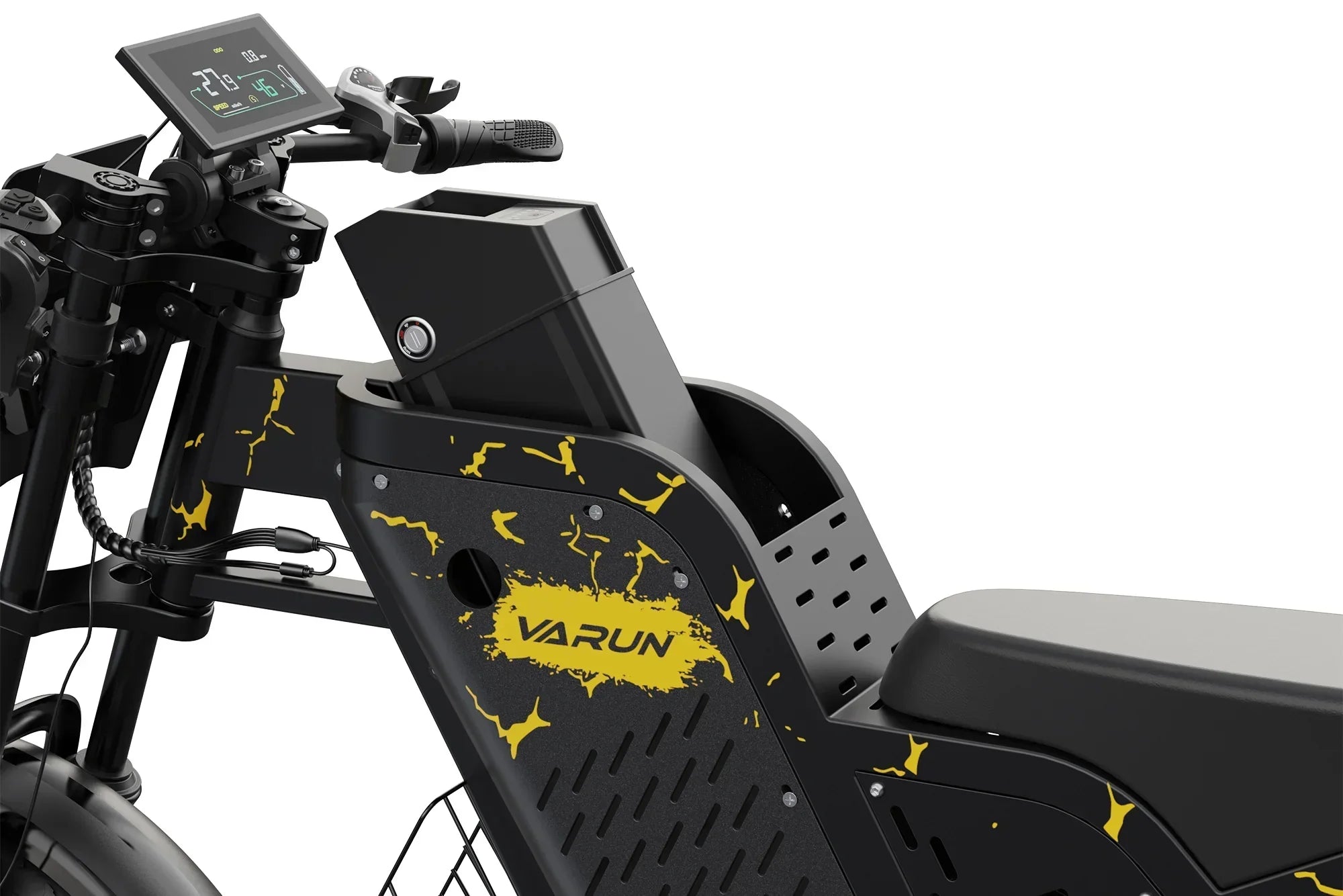 Close-up of Varun electric motorcycle black body with yellow accents and digital display on handlebar