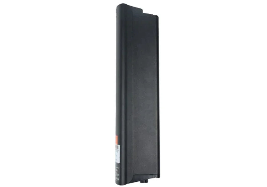 Black rectangular rechargeable lithium-ion battery pack with label on side