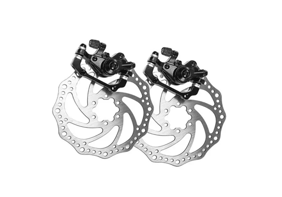 Pair of black bicycle disc brake calipers with silver ventilated rotors isolated on white
