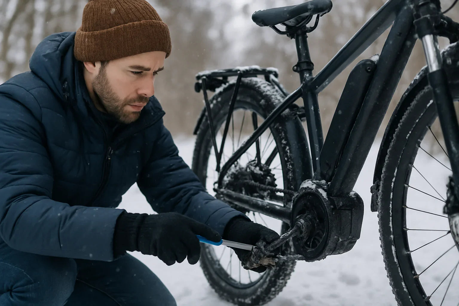 Man in winter clothing maintaining a black electric bike covered with snow in a snowy forest