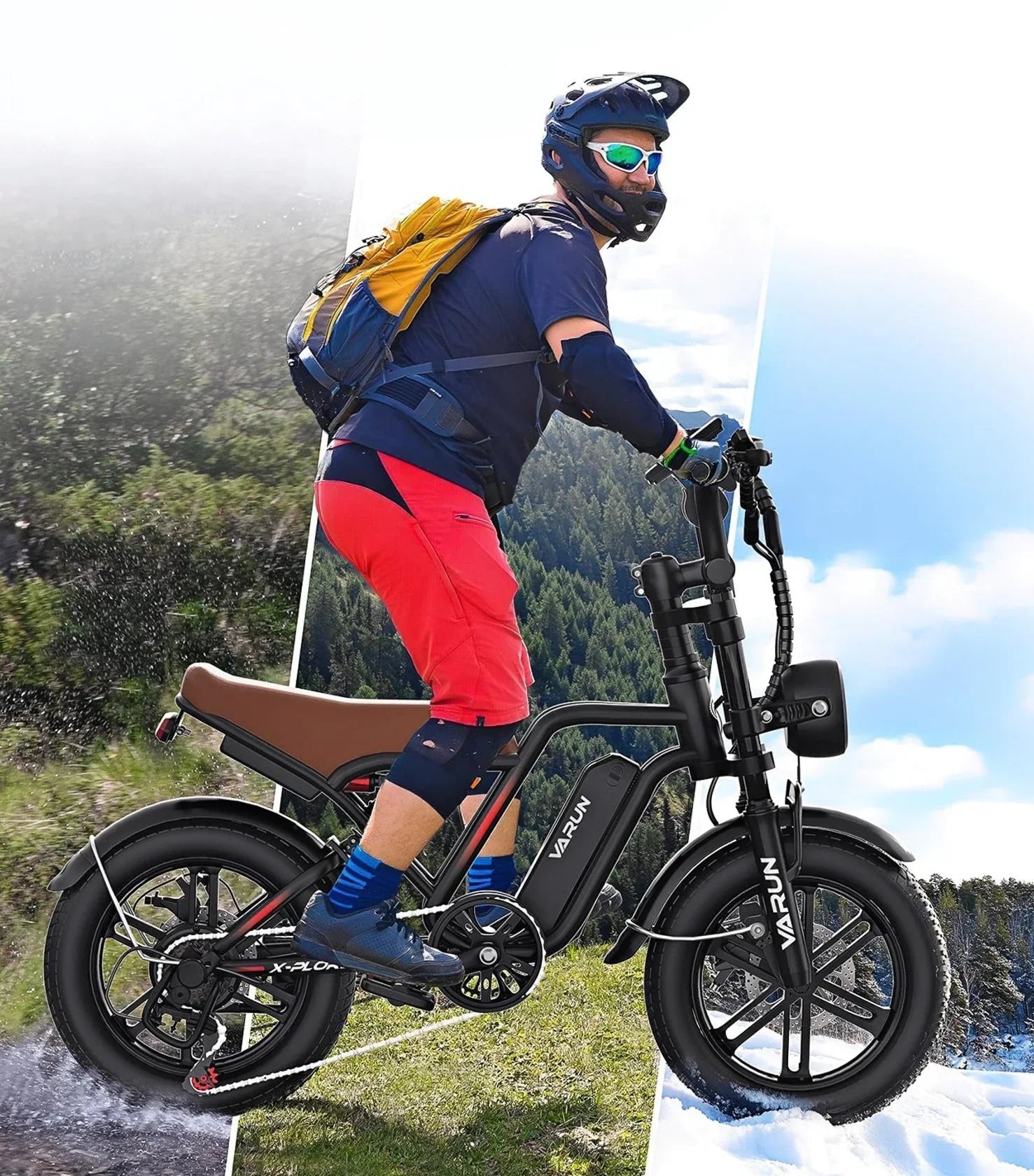 Person riding black Varun X-Plorer electric bike in mixed terrain of mud, grass, and snow