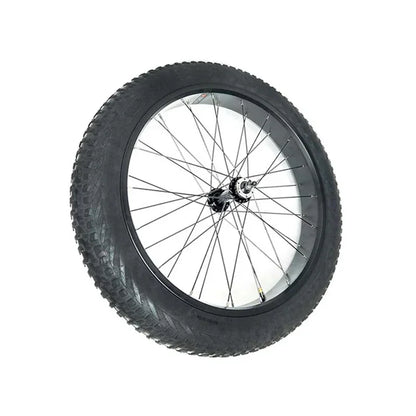 Close-up of a black fat tire bicycle wheel with metal spokes on white background