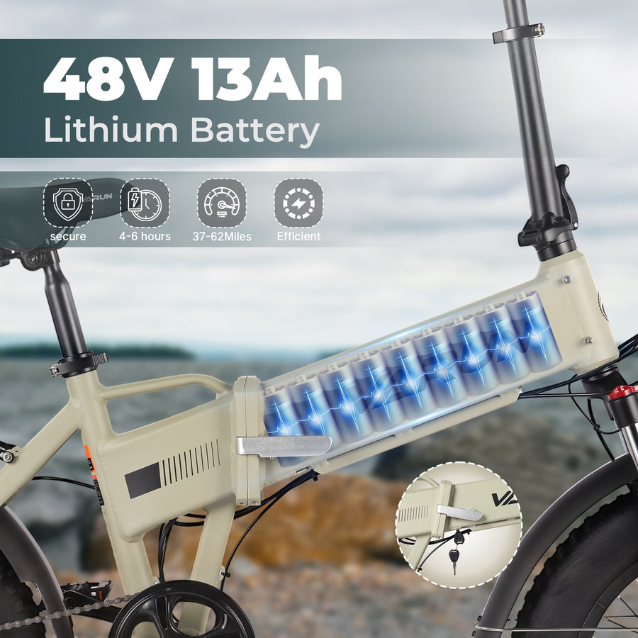 48V 13Ah Lithium Battery • 37–62 Miles • 4–6 Hour Charge