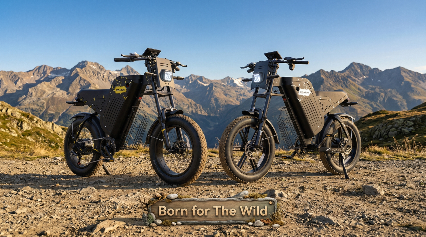 Two electric bikes on a mountainous landscape with 'Born for The Wild' text.