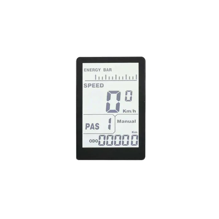 Electric bike LCD display panel showing speed, PAS level, energy bar, and odometer readings