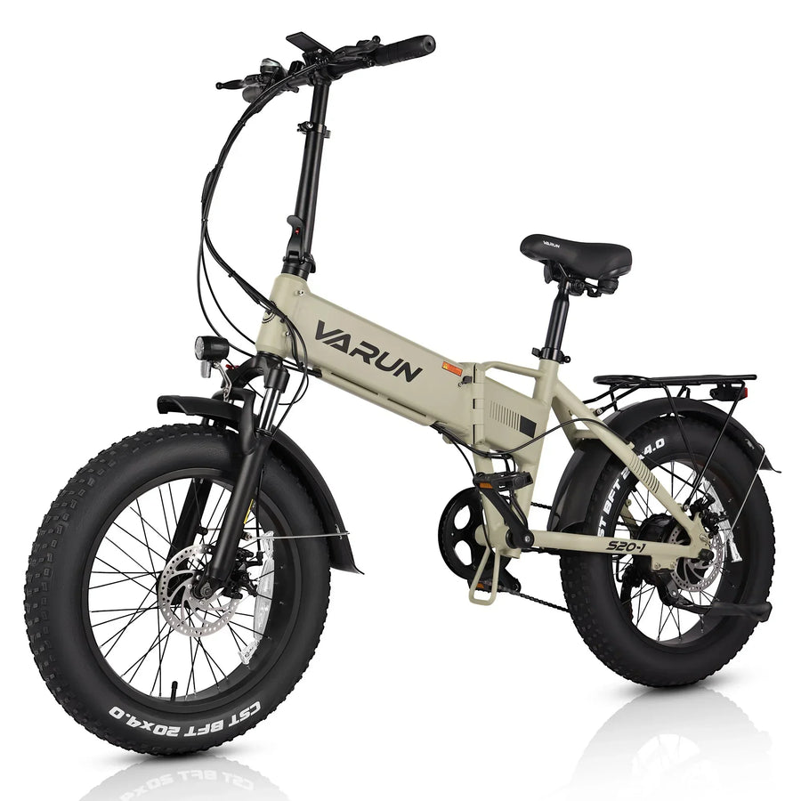 Varun S20-1 beige foldable electric fat tire bike with CST 20x4.0 tires and rear rack